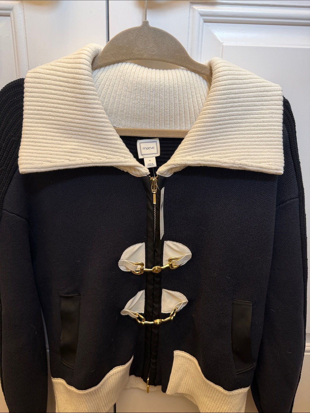 Maeve Black/Navy Knit Bomber Jacket with White Contrast Trim - Picture 5 of 5